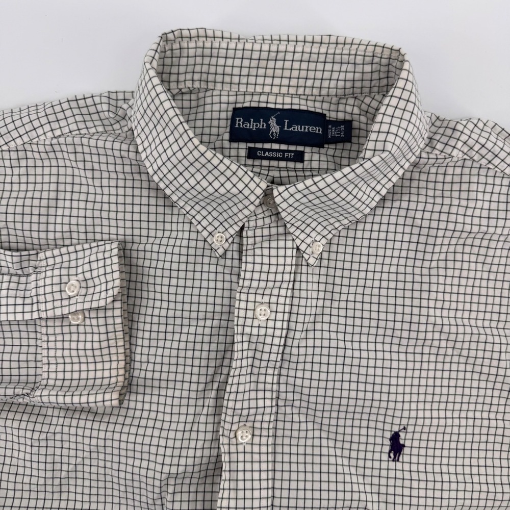 Ralph Lauren Button Down Men 17.5 34/35 White Black Tattersall Classic Fit Shirt